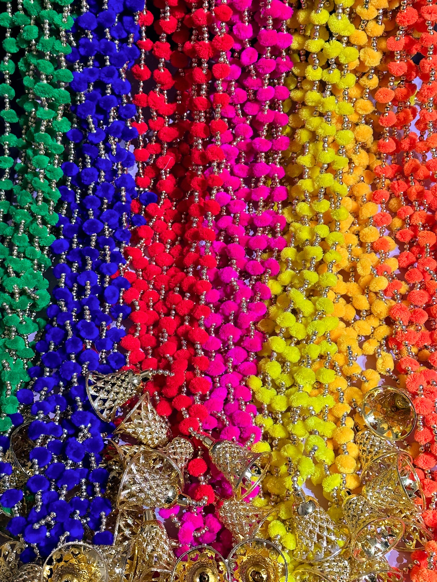 Pom pom Garlands with plastic Gold bell for South Asian wedding and festival decor