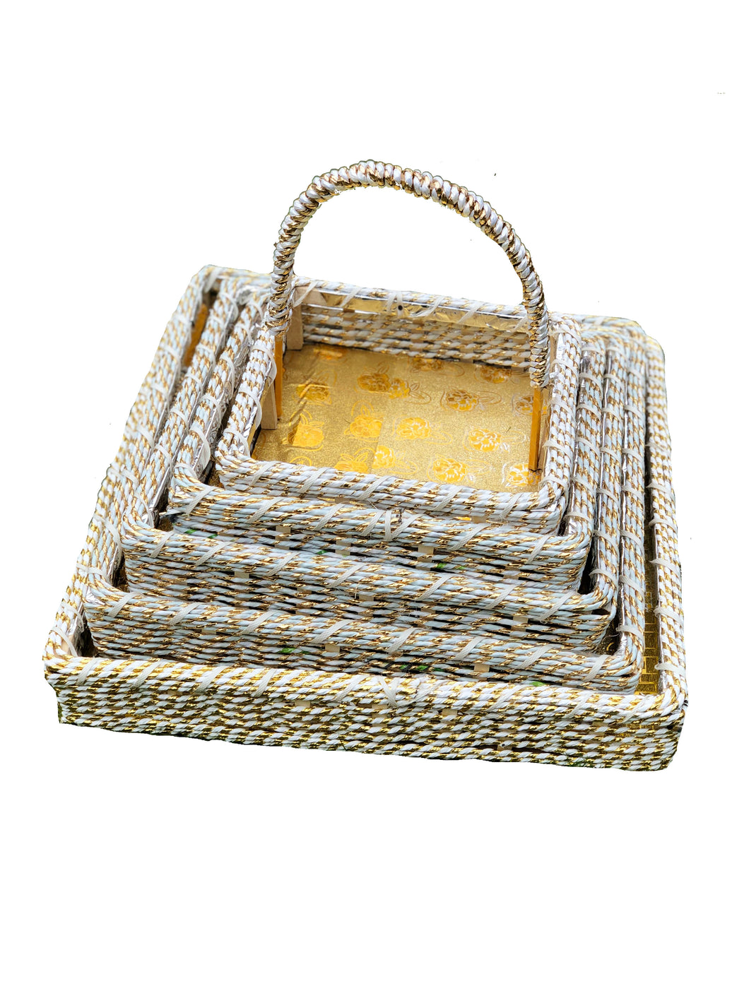 White and Gold 5 Square Hamper Gifting Baskets with option for Handles