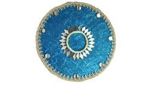 Load image into Gallery viewer,  handmade Sky blue Velvet 9&quot; mehndhi thaal plate with mirror embellishment